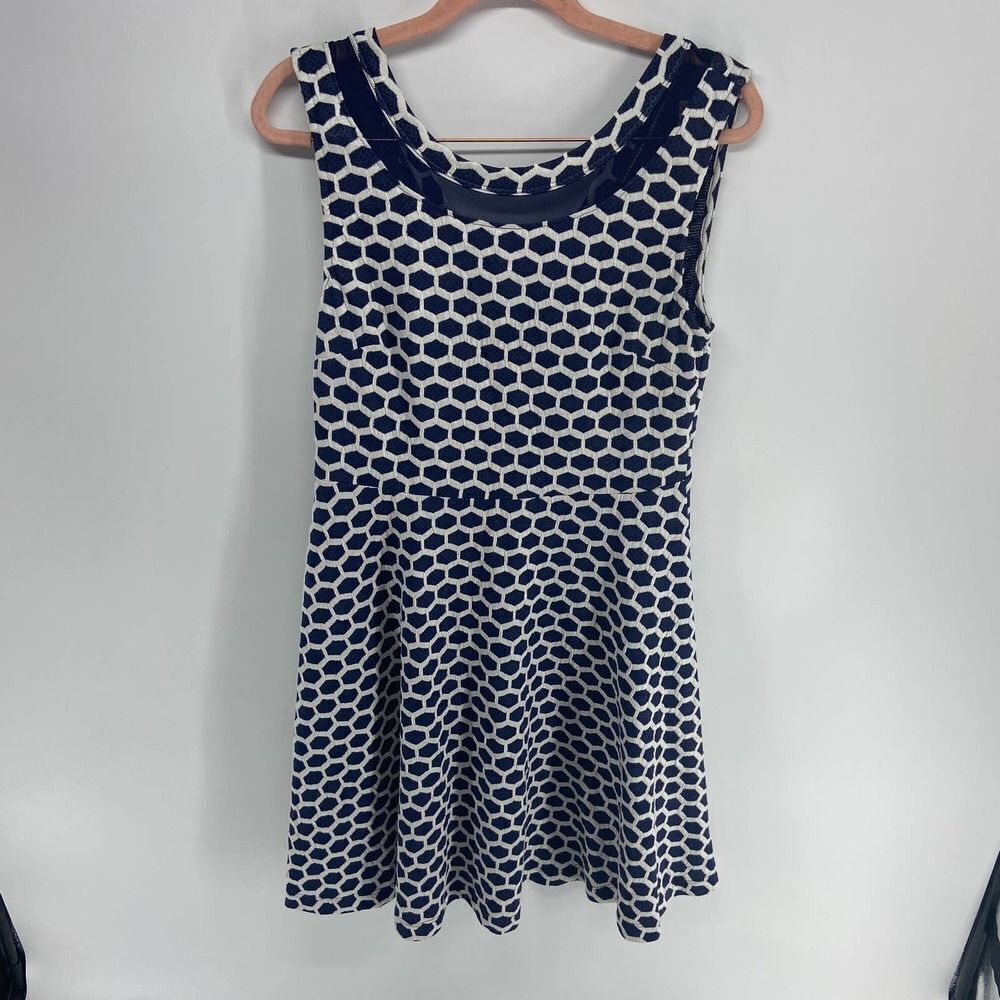 Pixley blue white honeycomb round neck sleeveless fit flare tank dress womens m